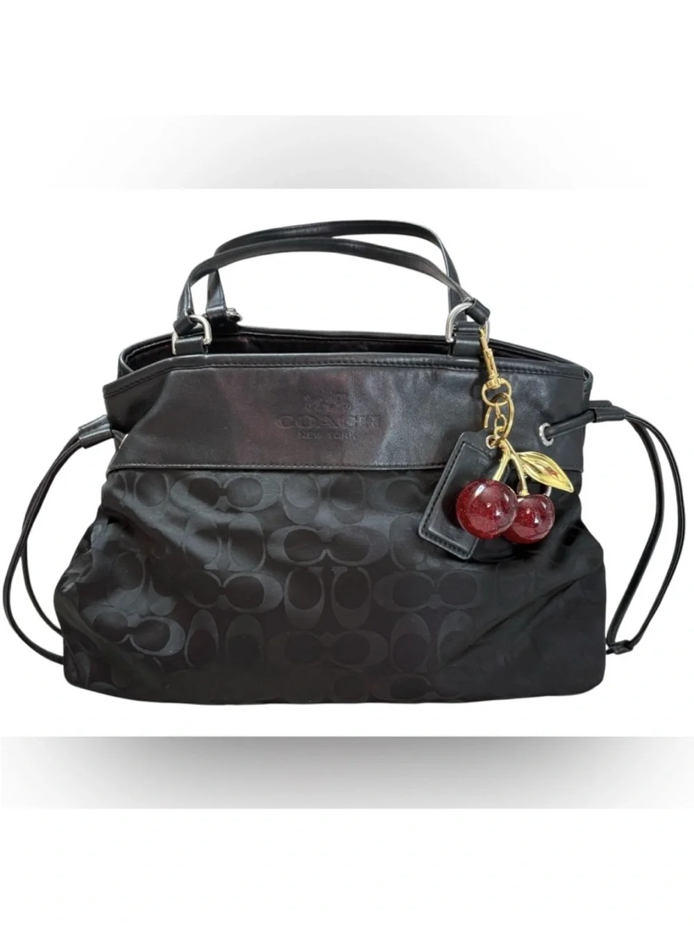 Coach Black Signature Shoulder Bag with Cherry Charm